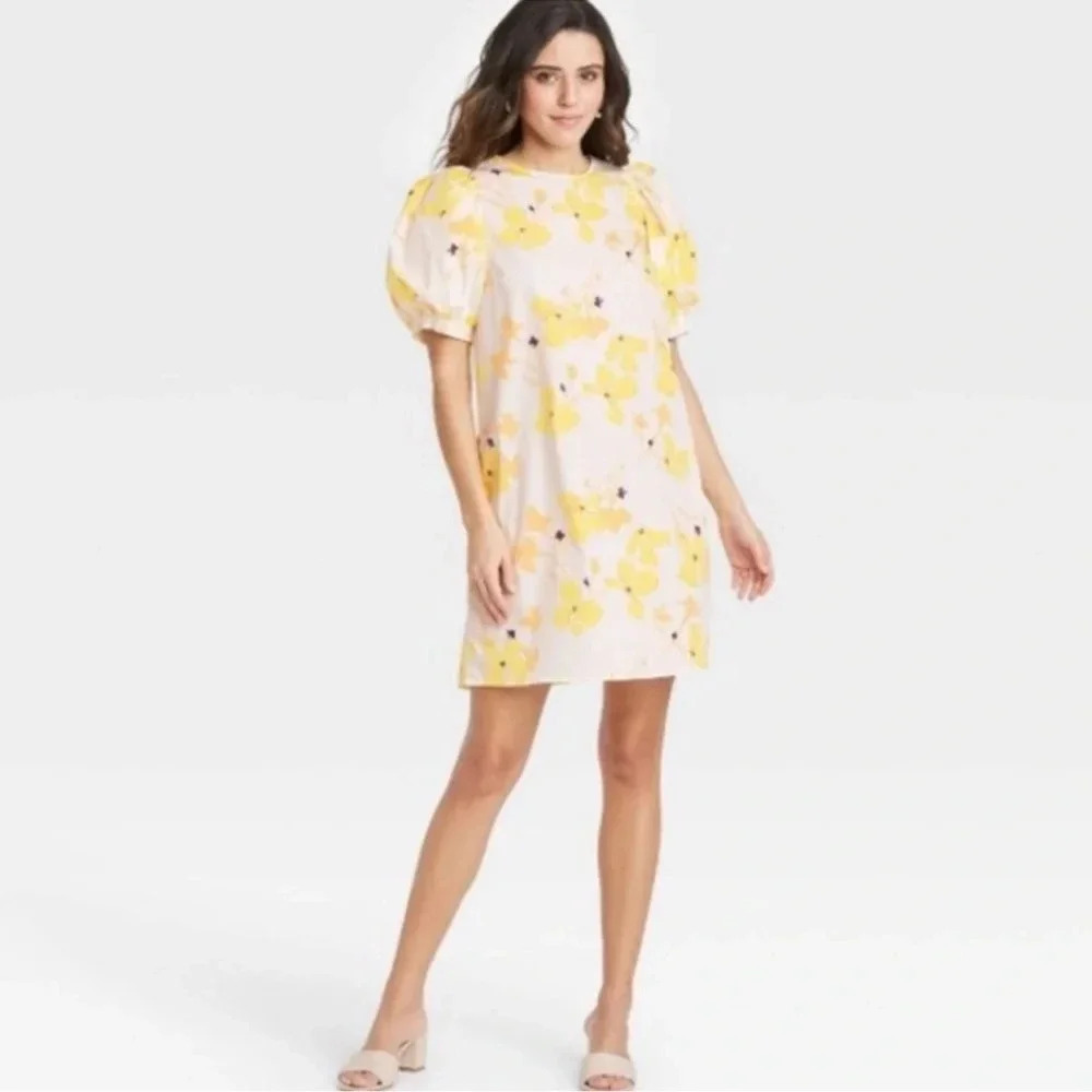A New Day White Yellow Floral 100% Cotton Mini Dress